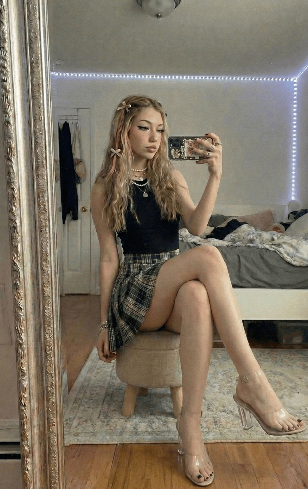 Mirror Selfie Plaid Skirt Floral Phone Bedroom