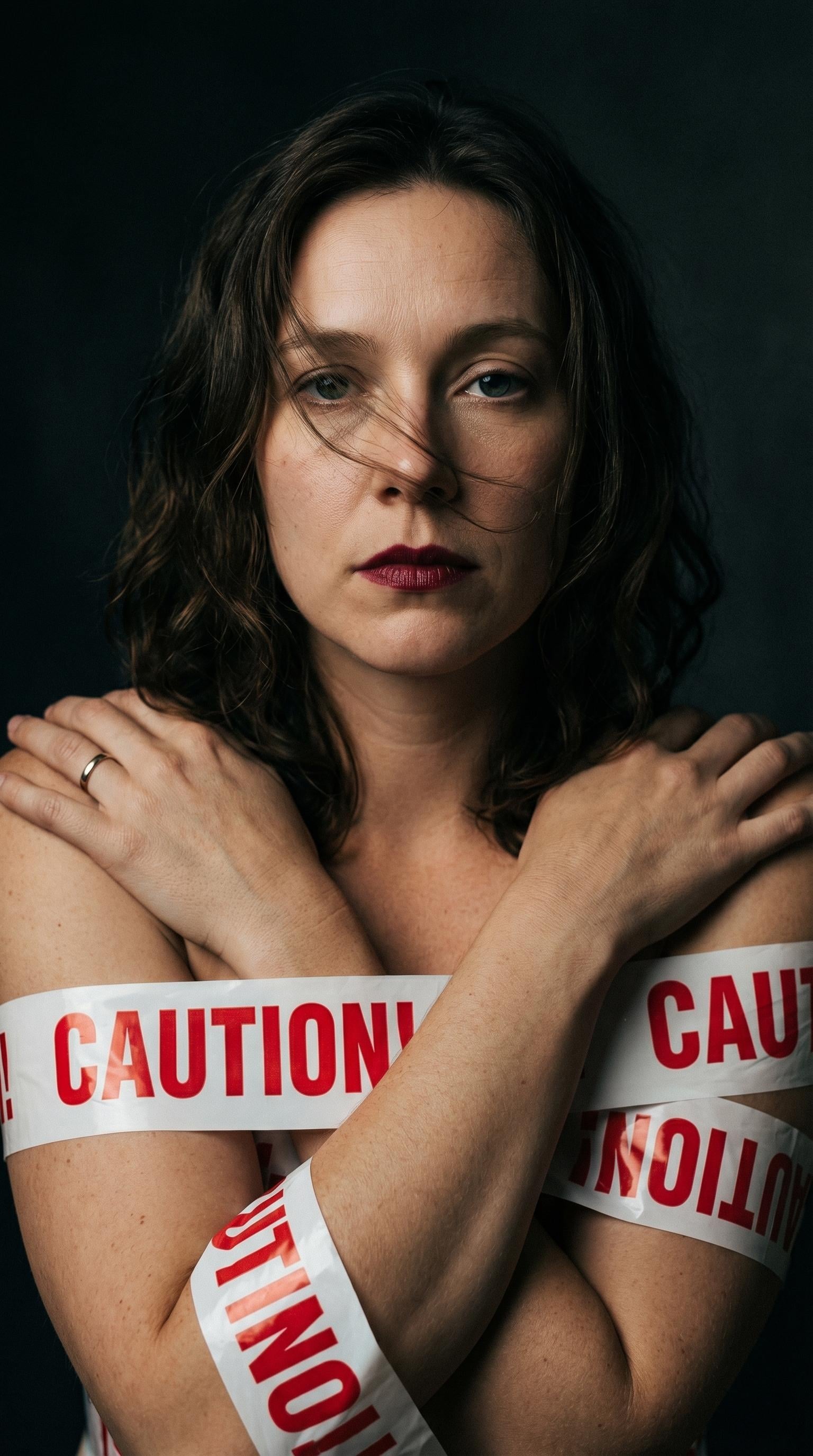 A woman in a protective pose, wrapped in white barrier tape with red warning text, showcasing emotion and texture.