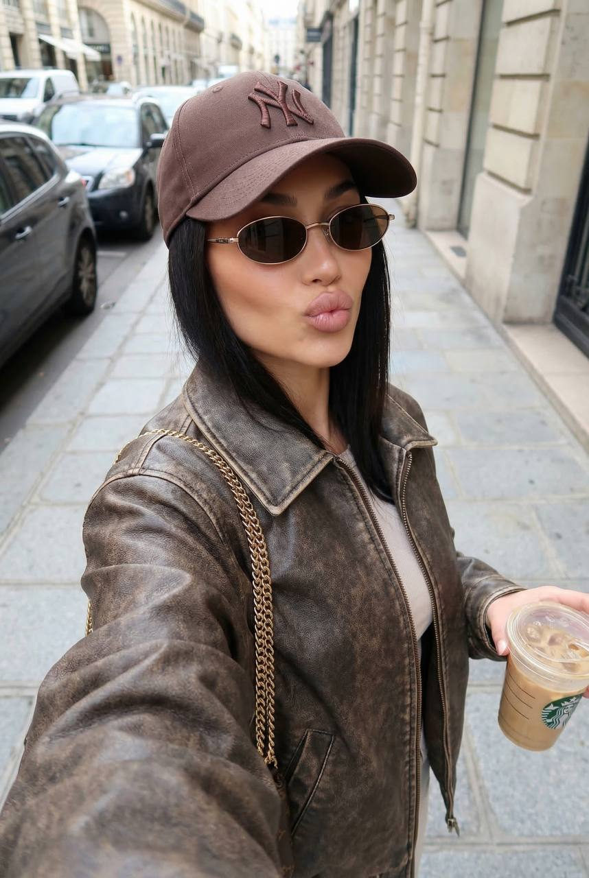 Realistic Woman City Street Selfie Iced Coffee