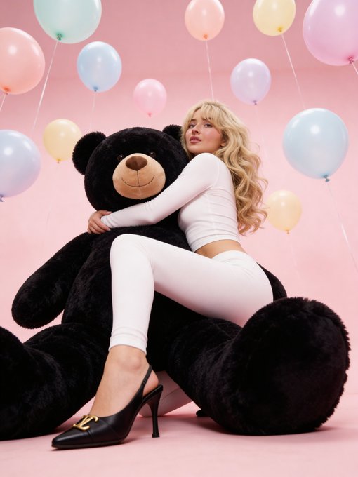 Pink Backdrop Teddy Bear White Outfit Balloons