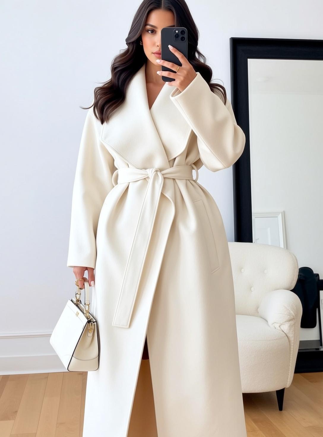 Cream Wool Coat Handbag Selfie reference photo