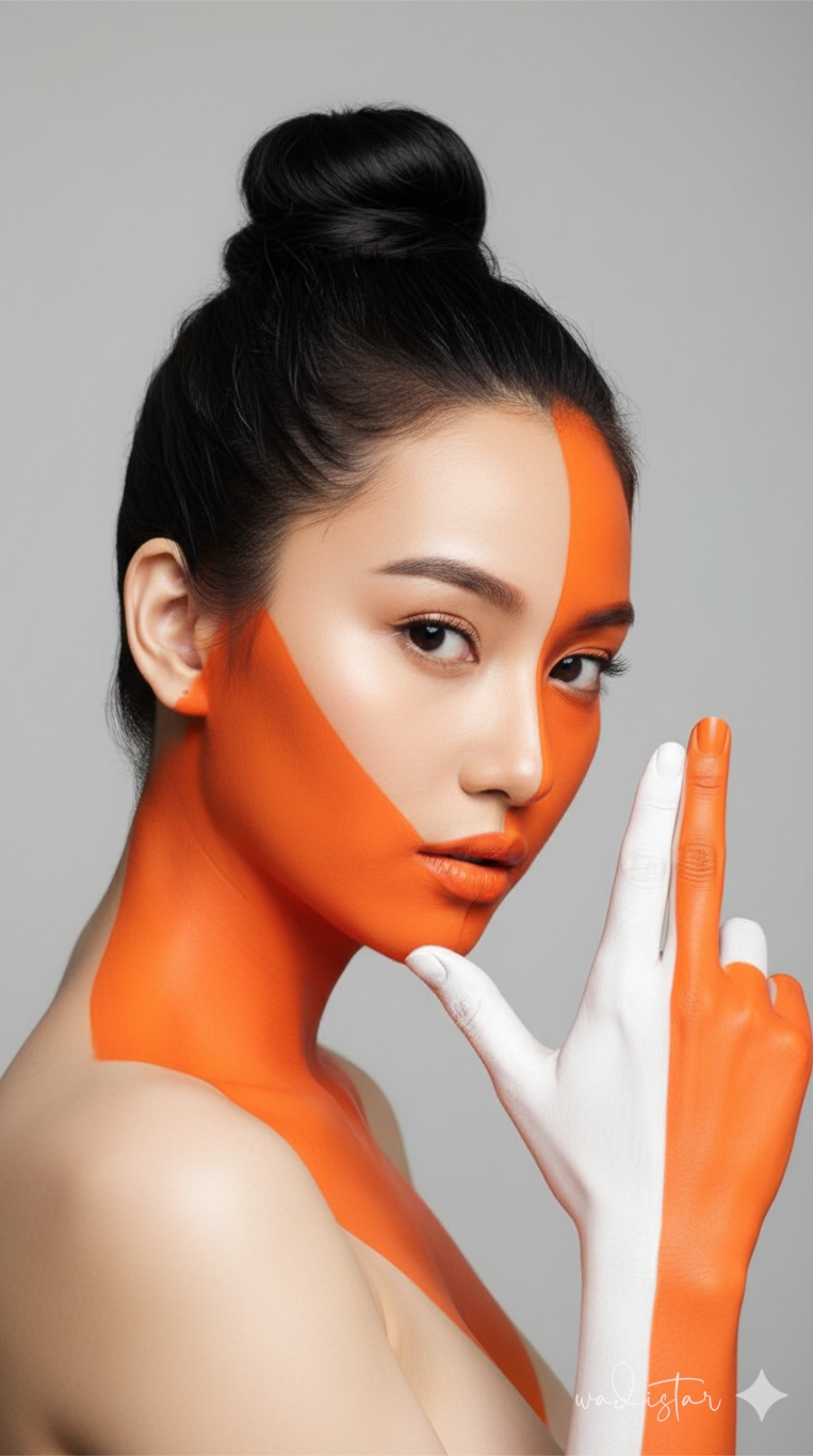 Close-up studio portrait of a character with vibrant orange body paint, bright skin, and a bold expression against a light gray background.