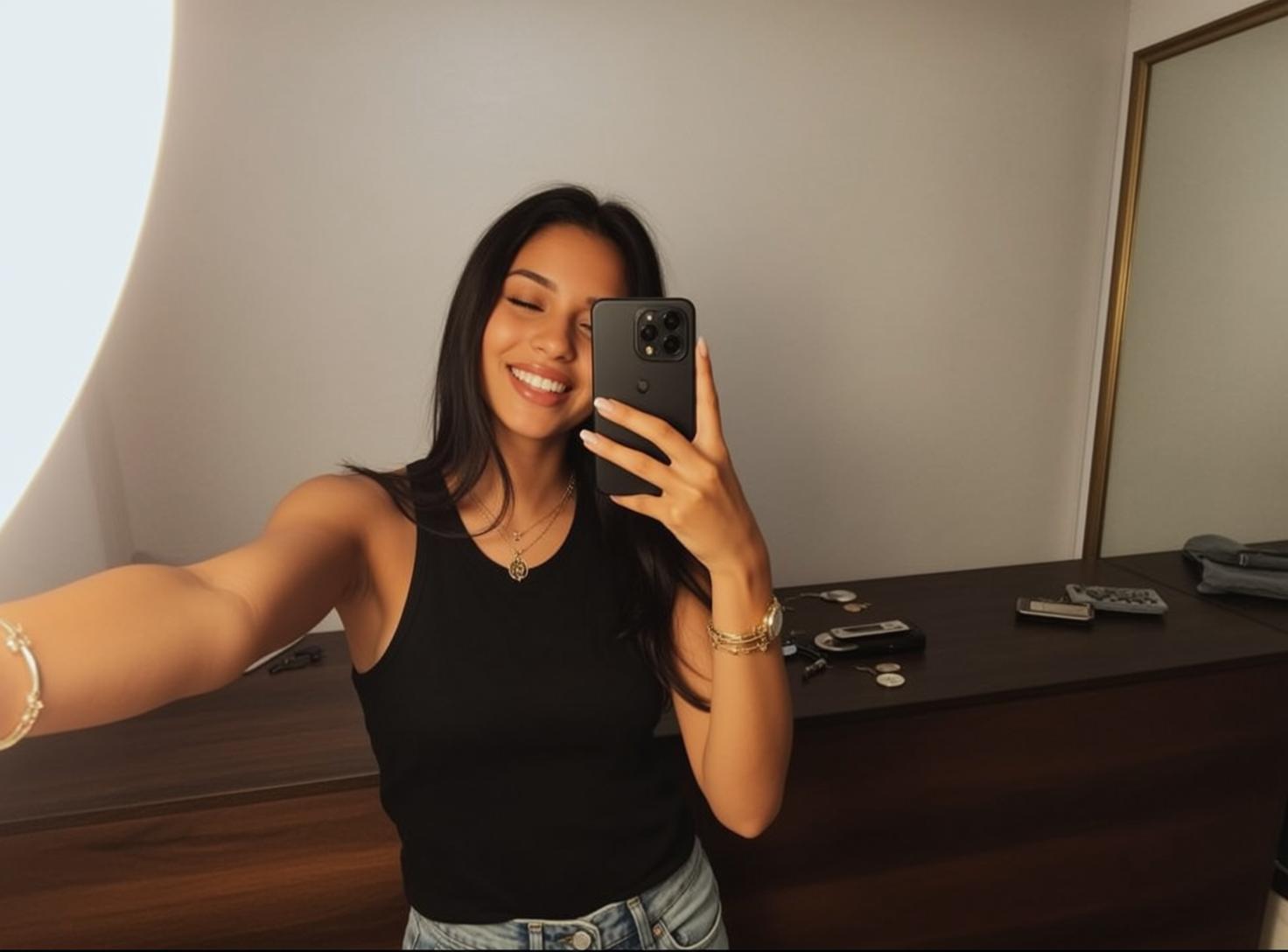 Black Tank Joyful Selfie reference photo