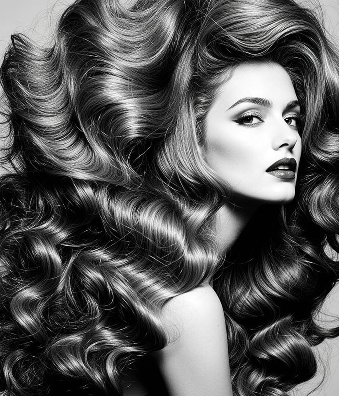 Black And White Medium Shot Portrait Young Woman With Voluminous reference photo