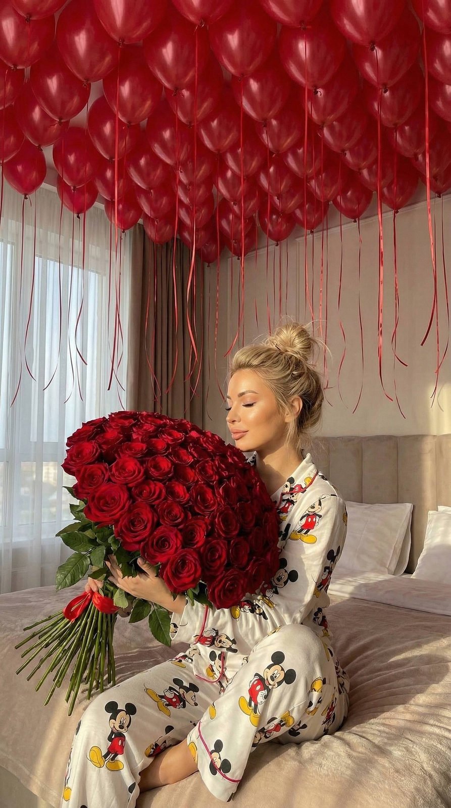 Morning Girl Red Balloons Roses 8k