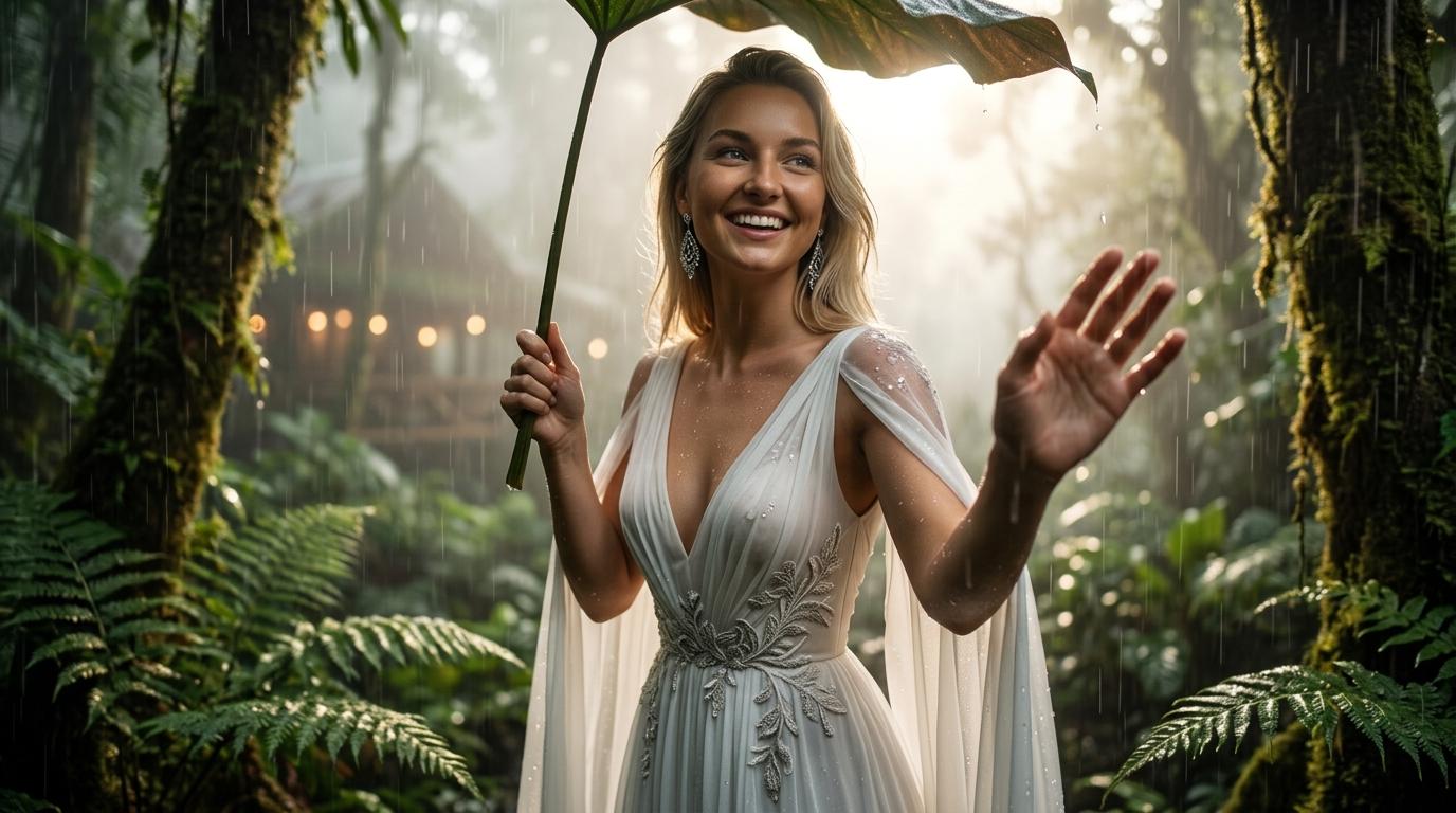 A woman in a flowing white gown standing in a lush emerald rainforest during a soft downpour, with silver earrings sparkling.