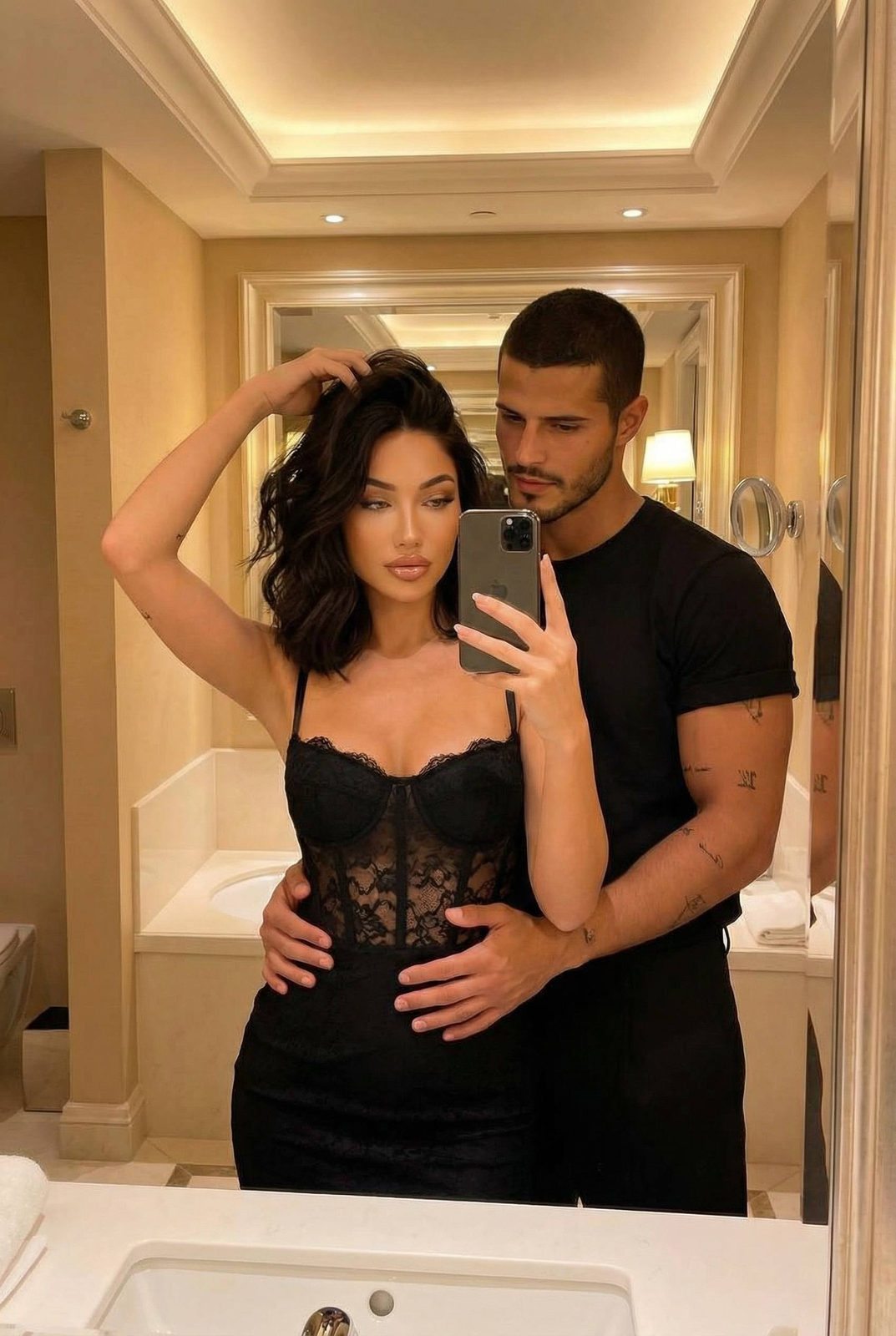 Luxury Hotel Bathroom Couple Mirror Selfie Warm Lighting