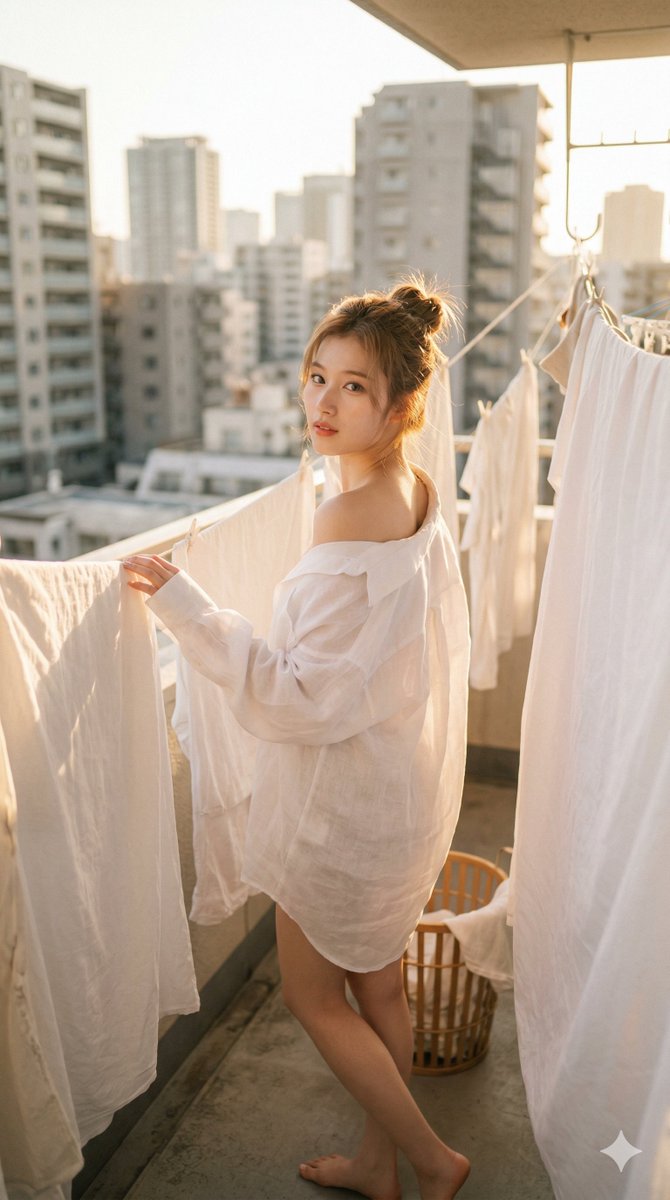 Sunlit Balcony White Laundry Golden Hour Pose