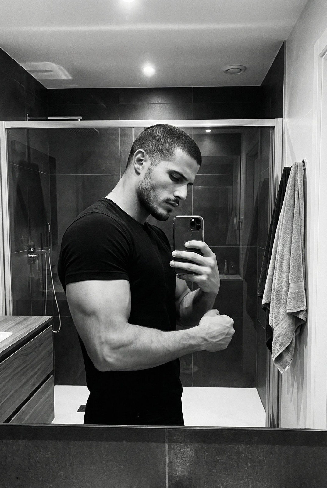 Muscular Man Black And White Bathroom Mirror Selfie