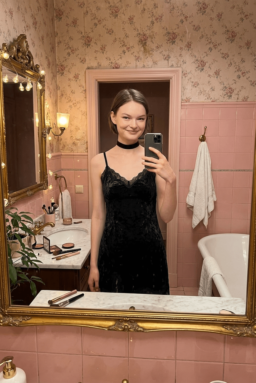 A soft focus photo of a person taking a candid phone selfie, showcasing a Y2K coquette style with natural skin texture and balanced exposure.