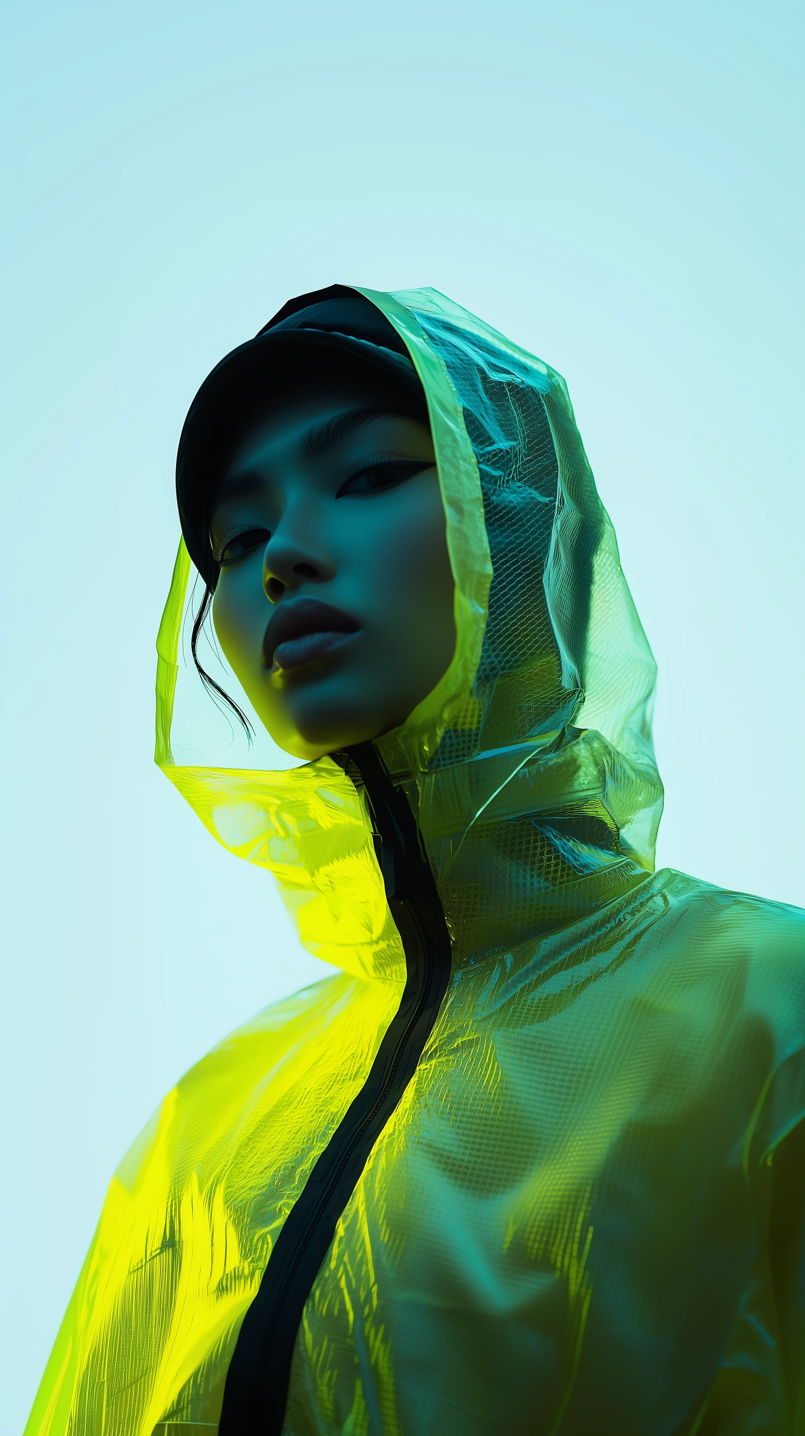 Futuristic model Flux gazing into the camera, adorned in a sleek aerogel suit with a black and yellow gradient, bathed in soft neon light