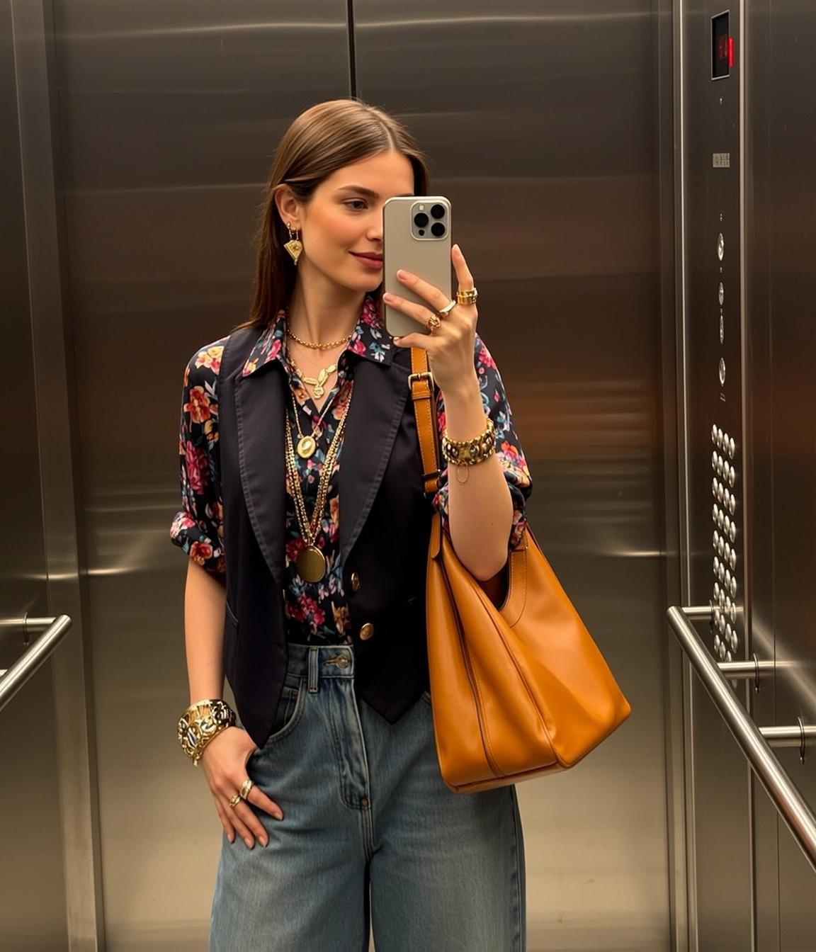Explore Standing Elevator Holding Smartphone Her Right reference photo