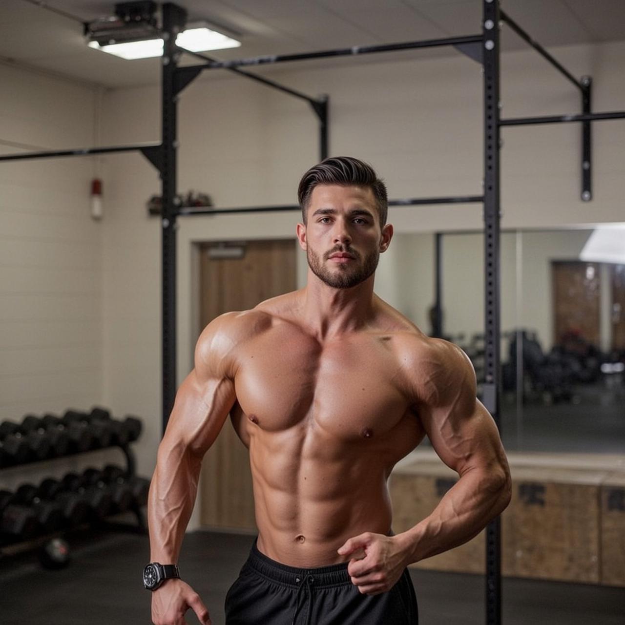 Muscular Dark Styled Tan Black Athletic Shorts reference photo