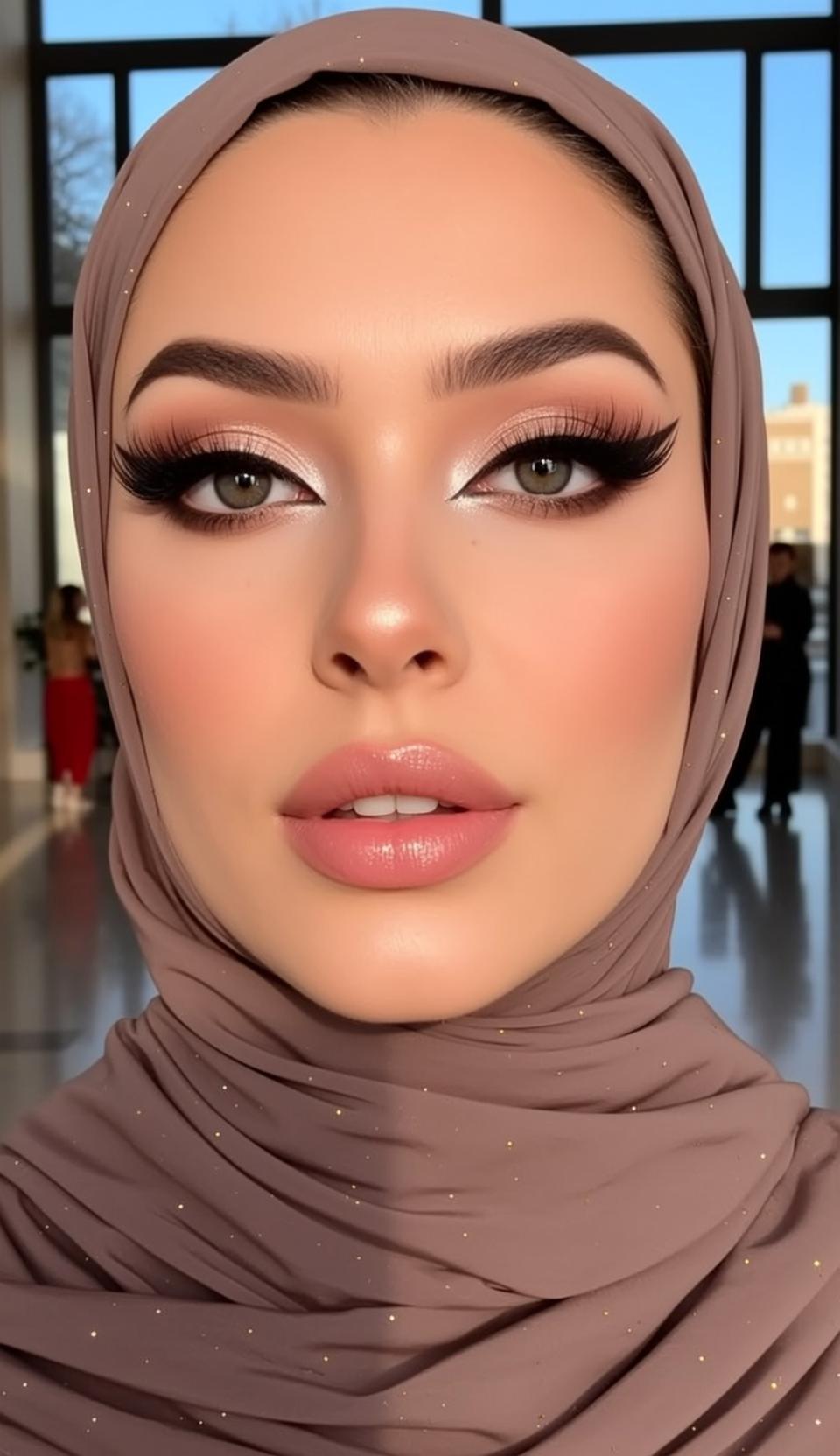 Photorealistic Close-up Portrait Young Woman Wearing Taupe Hijab With Subtle reference photo