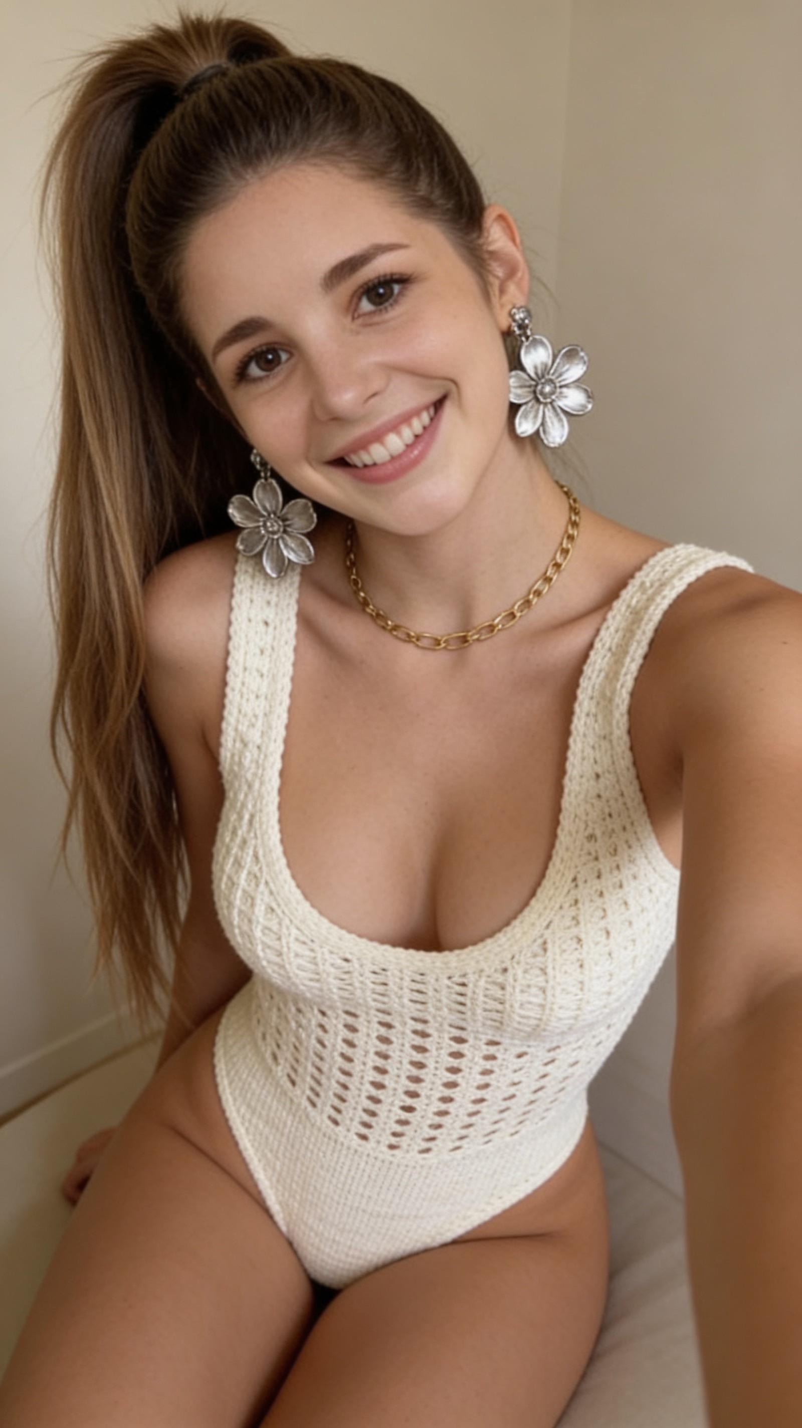 Ivory Crochet Bodysuit Neutral Indoor Setting
