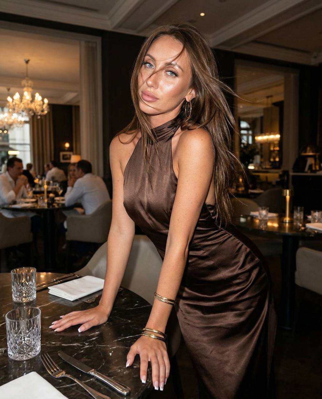 Girl Posing In Upscale Restaurant Flash Lighting