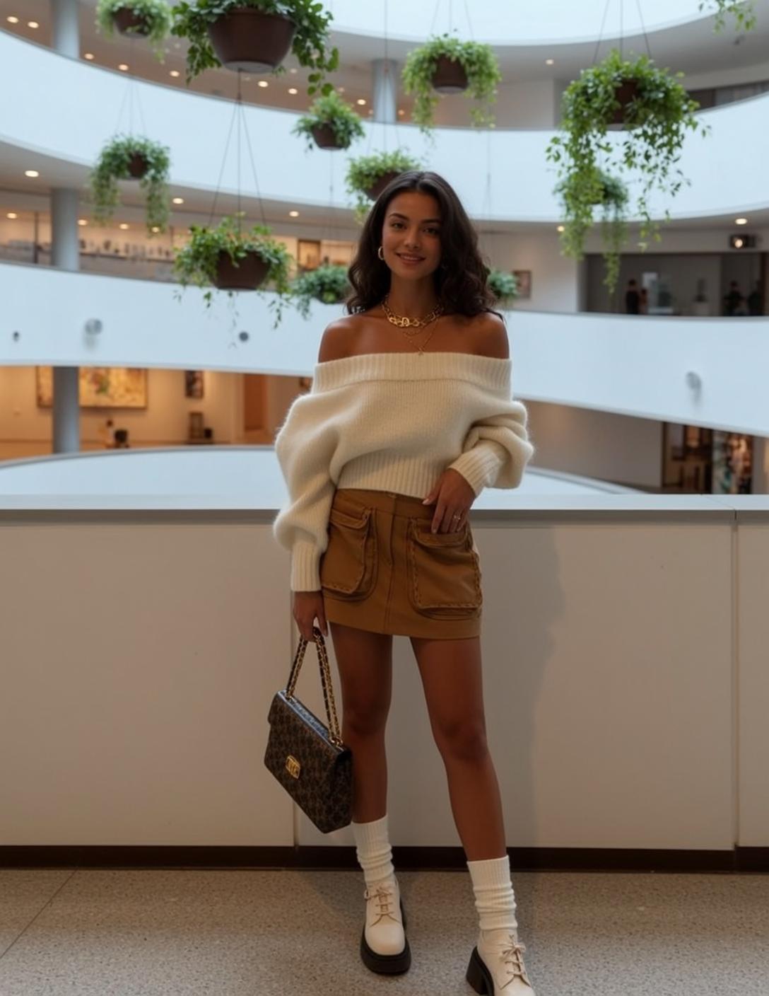 White Sweater Cargo Skirt Mirror reference photo