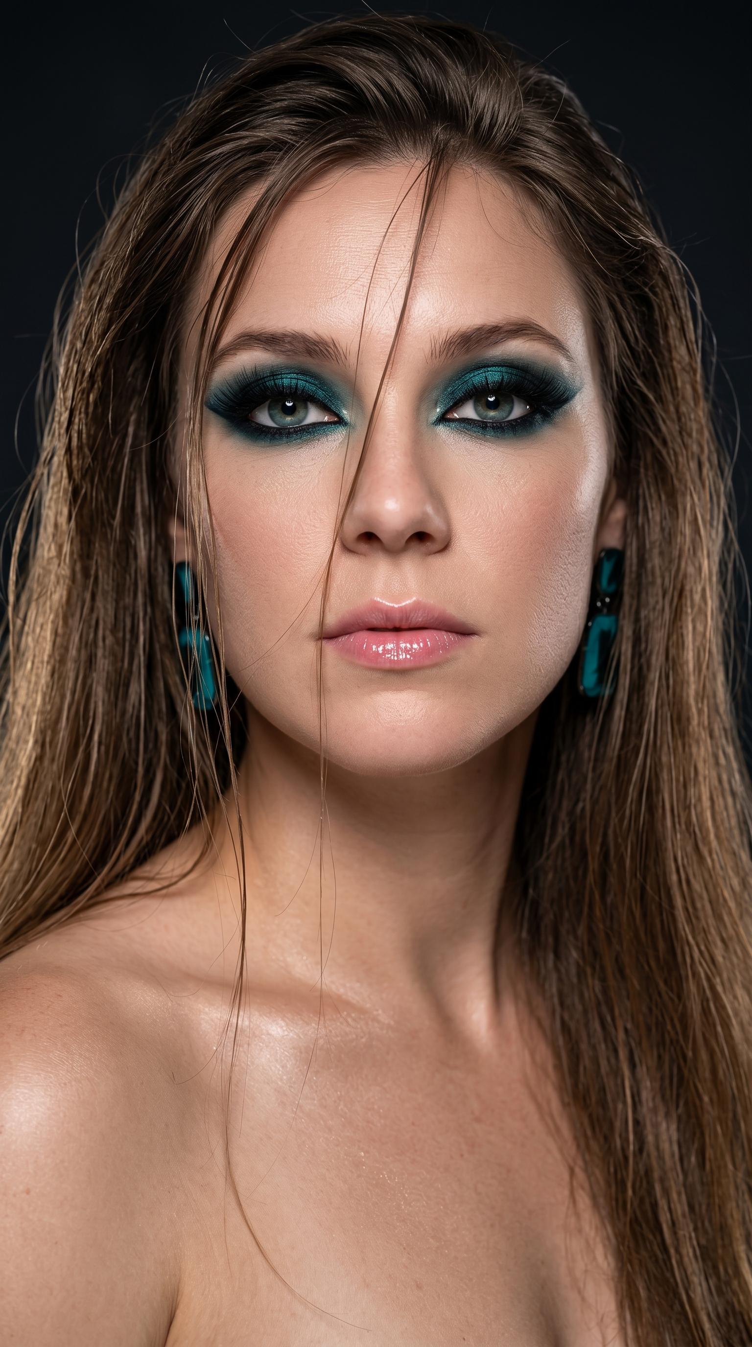 Close-up portrait emphasizing facial features with dramatic lighting, highlighting skin texture and hair strands.