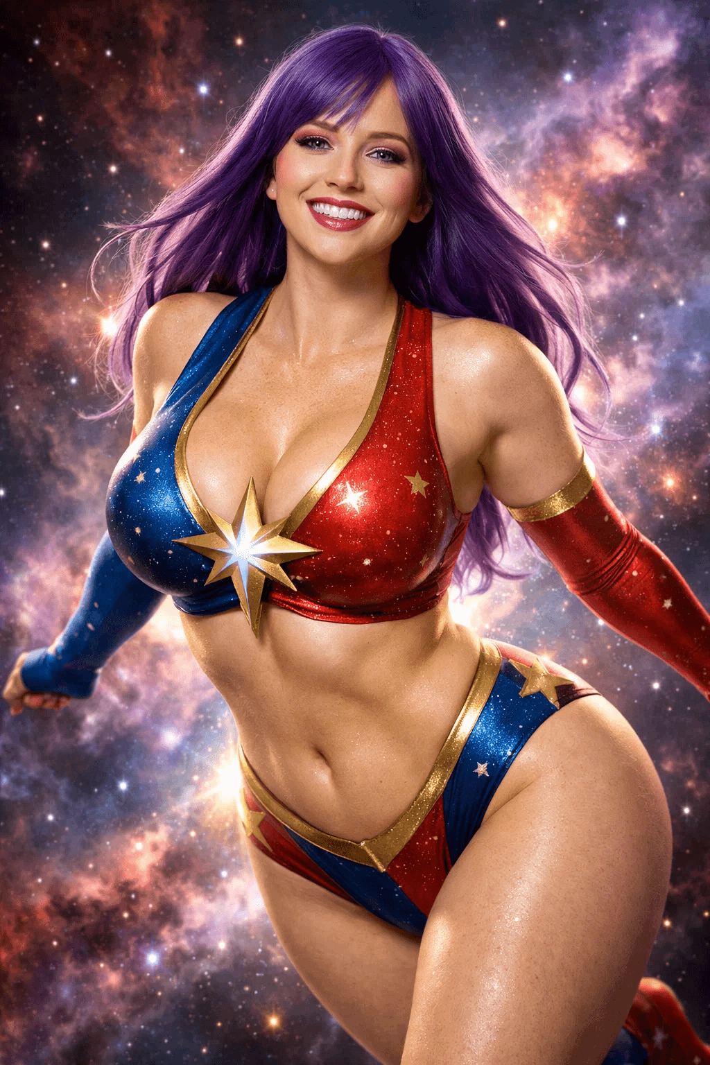 Cosplayer Flying In Nebula With Star Outfit