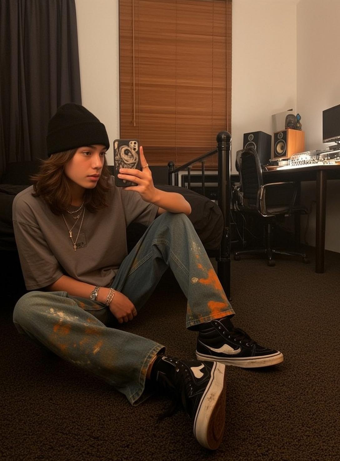 Teenager In Bedroom Taking Selfie Orange Paint Jeans reference photo
