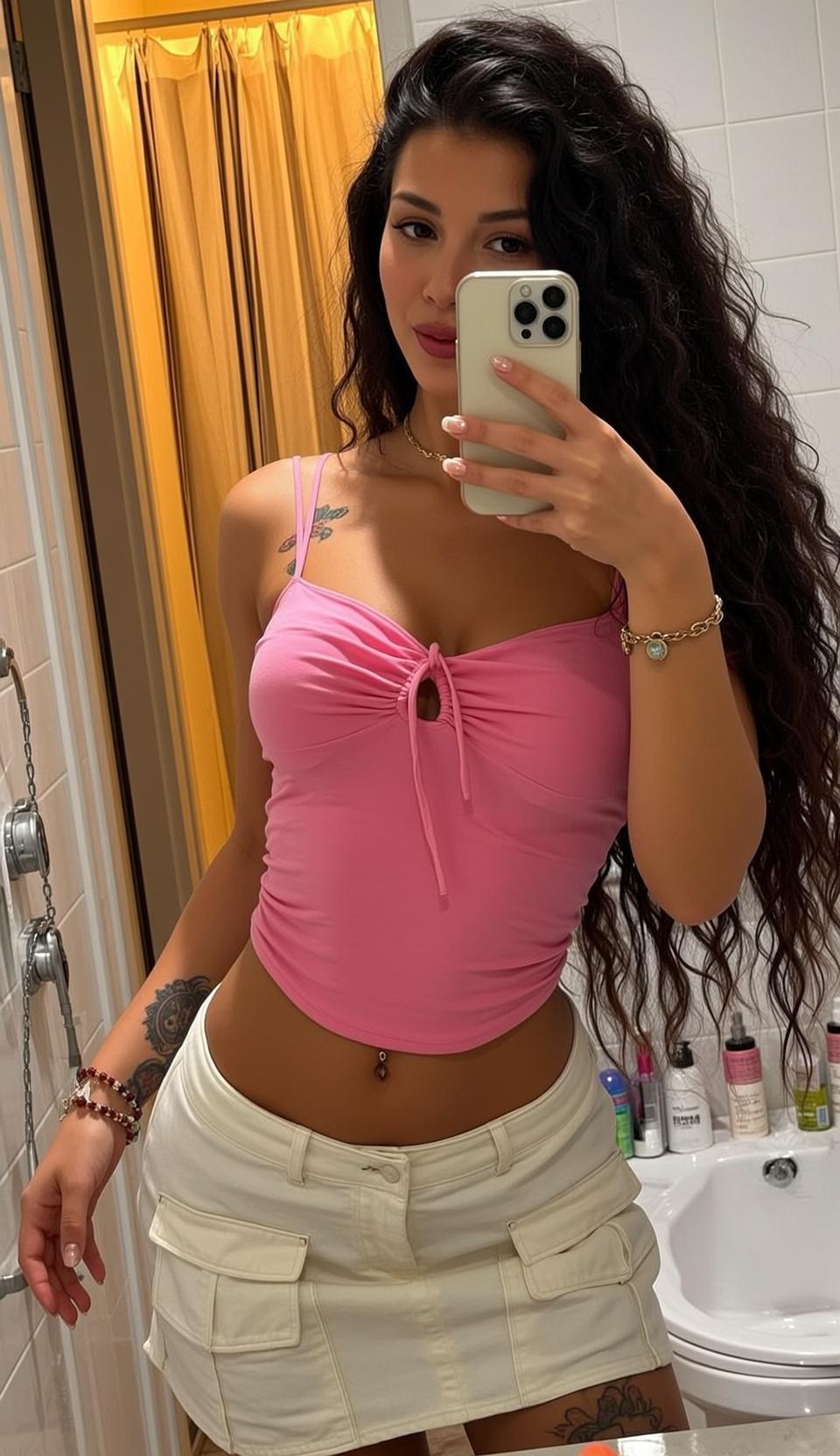Pink Tank Cream Skirt Bathroom Selfie reference photo