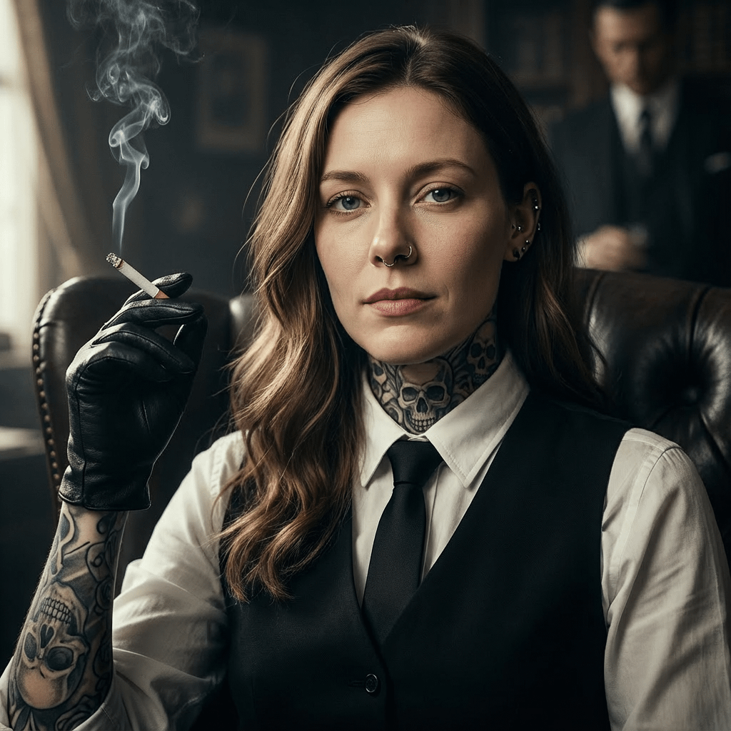 Portrait of a woman in a white collared shirt seated in a dark leather armchair, holding a lit cigarette with smoke curling upwards.