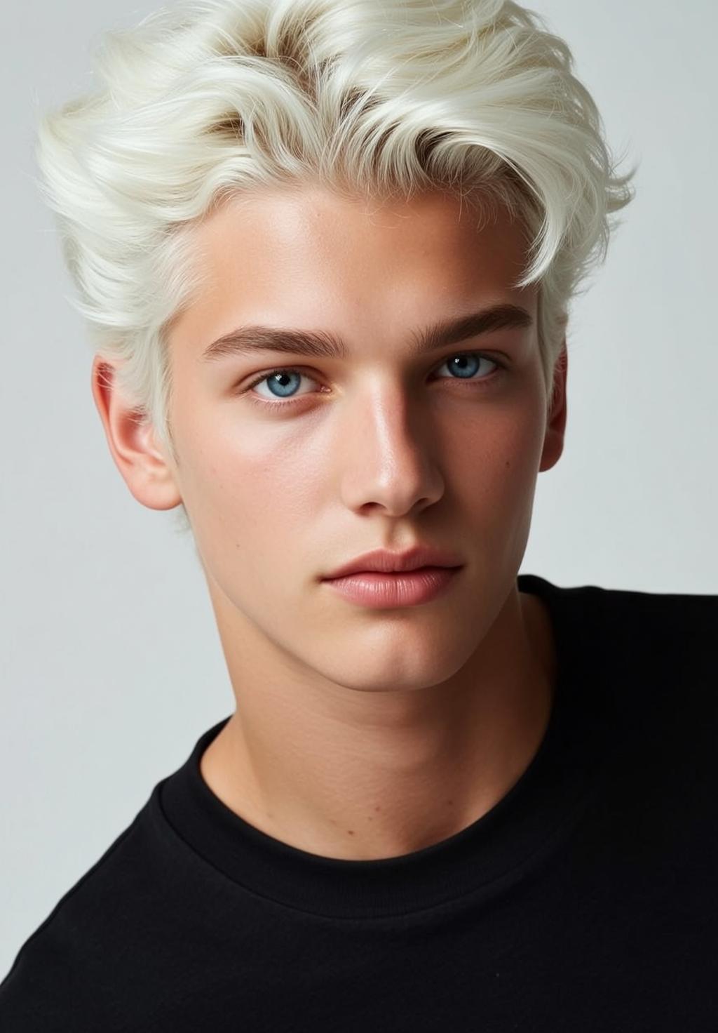 Photorealistic Portrait Young Man With Striking Blue Eyes And Voluminous reference photo