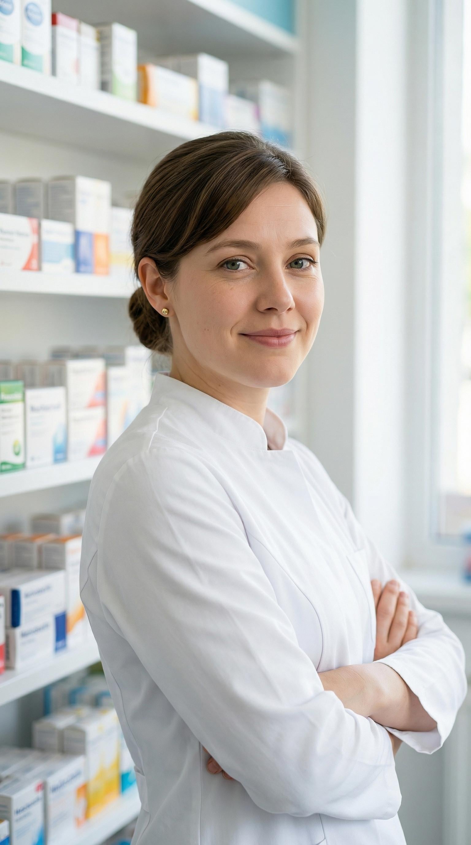 Pharmacist Woman White Gown Pharmacy Bokeh Shot