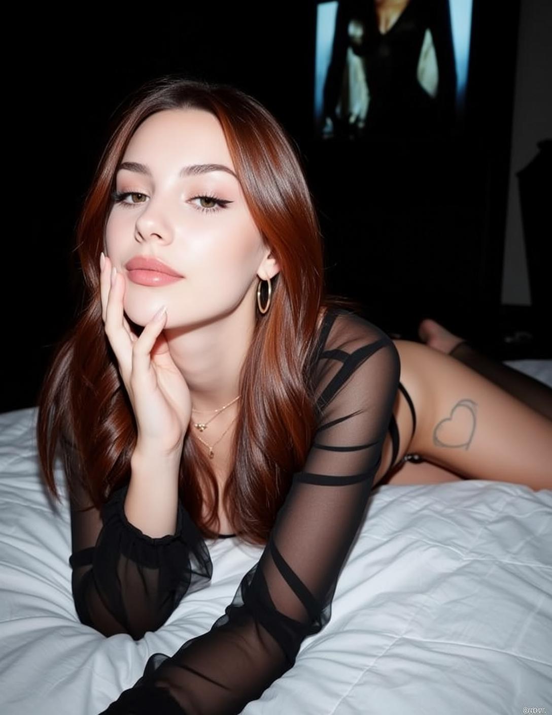 A woman lying on a textured white bed, facing the camera with an alluring expression, wearing sheer black clothing.