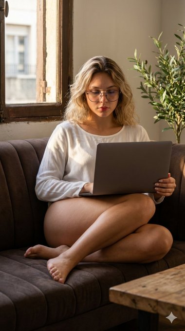 Barefoot On Sofa With Laptop Soft Sunlight
