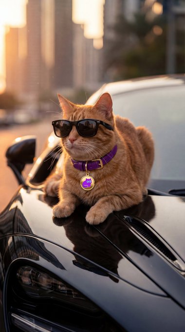 Tabby Cat Sunglasses Luxury Car Golden Hour