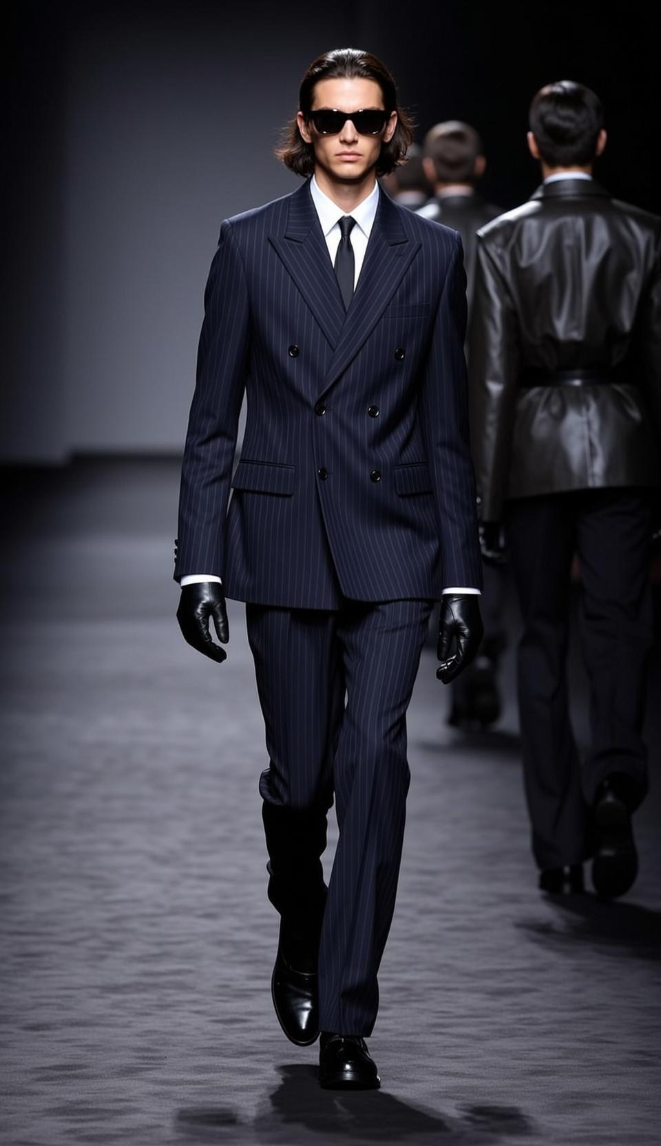Walking Fashion Runway Dark Suit Sunglasses reference photo