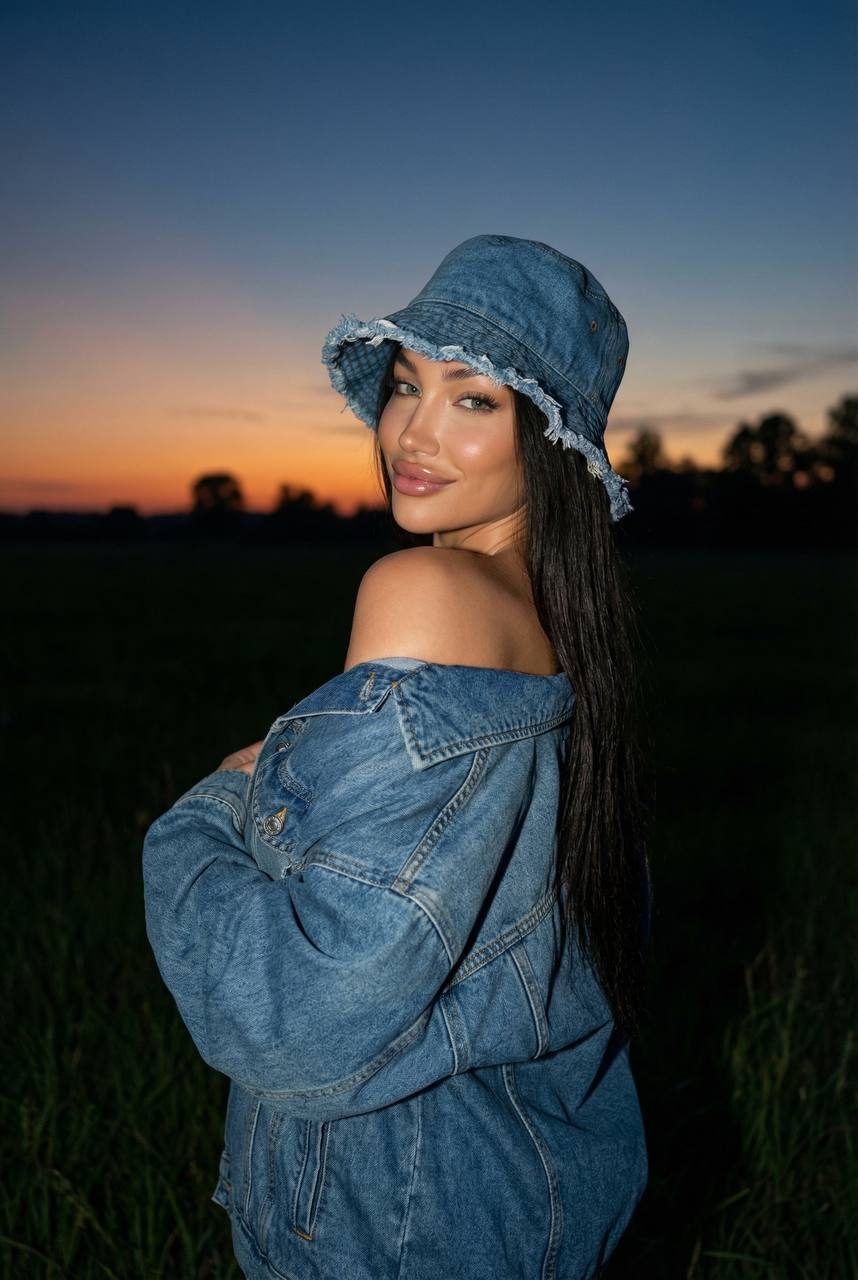 Denim Jacket Sunset Field Portrait Soft Smile