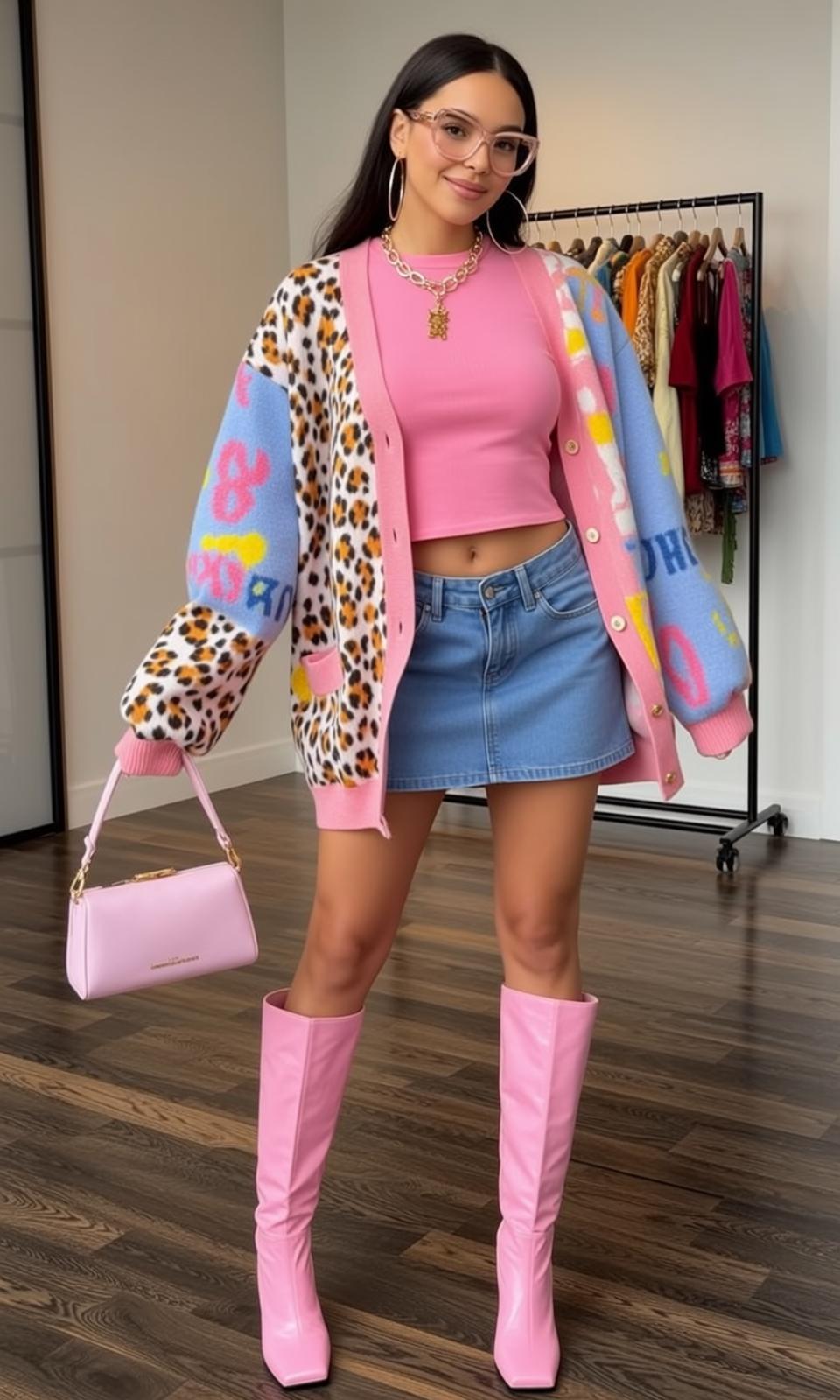 Pink Cardigan Leopard Pink Crop Top Indoors Wooden Floor Clothing reference photo