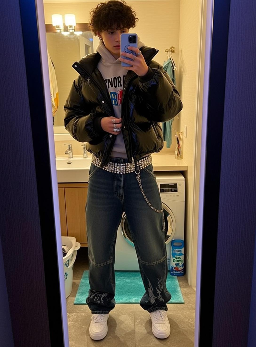 Black Puffer Jacket Jeans reference photo