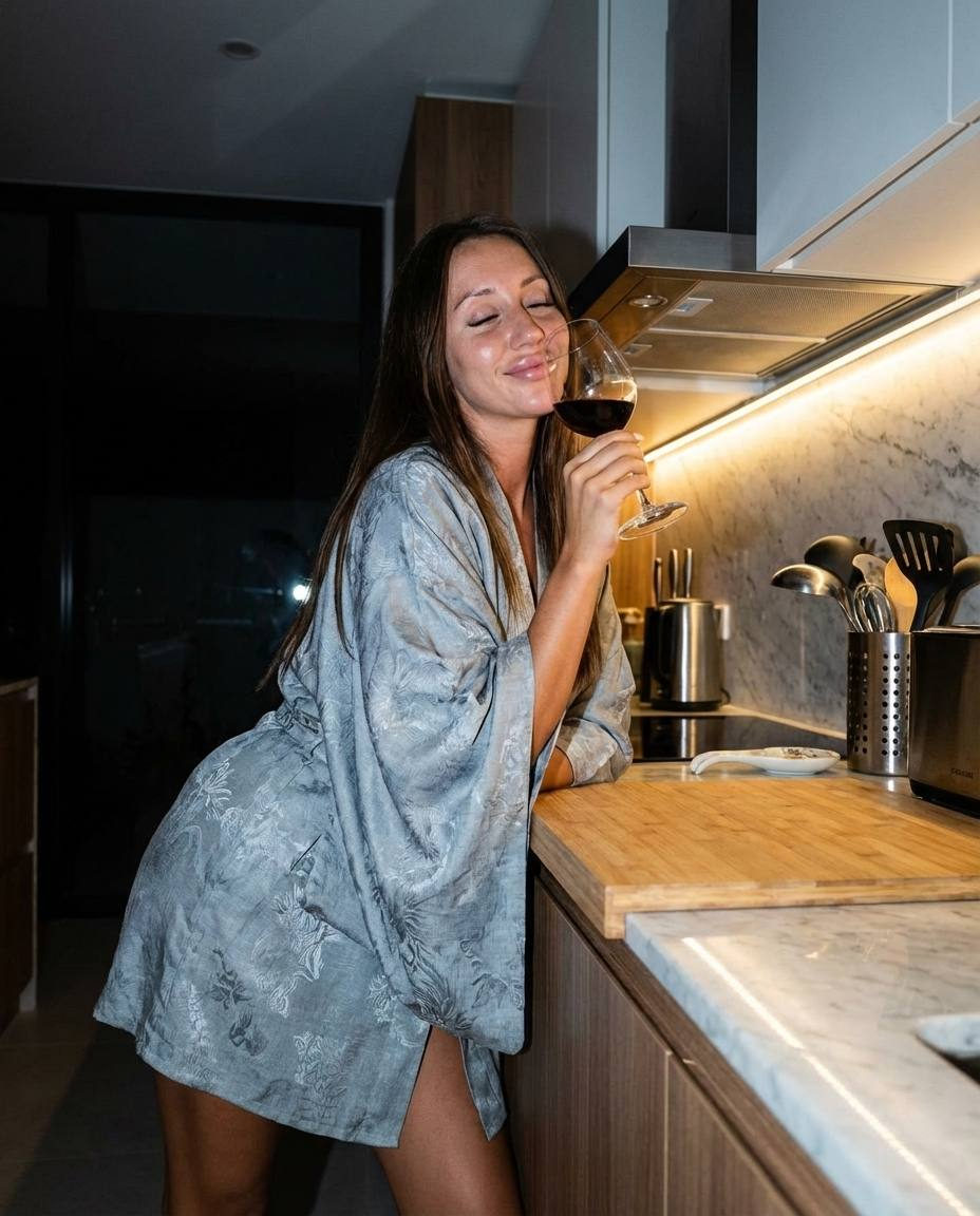 Girl Holding Wine Glass Kitchen Night Flash