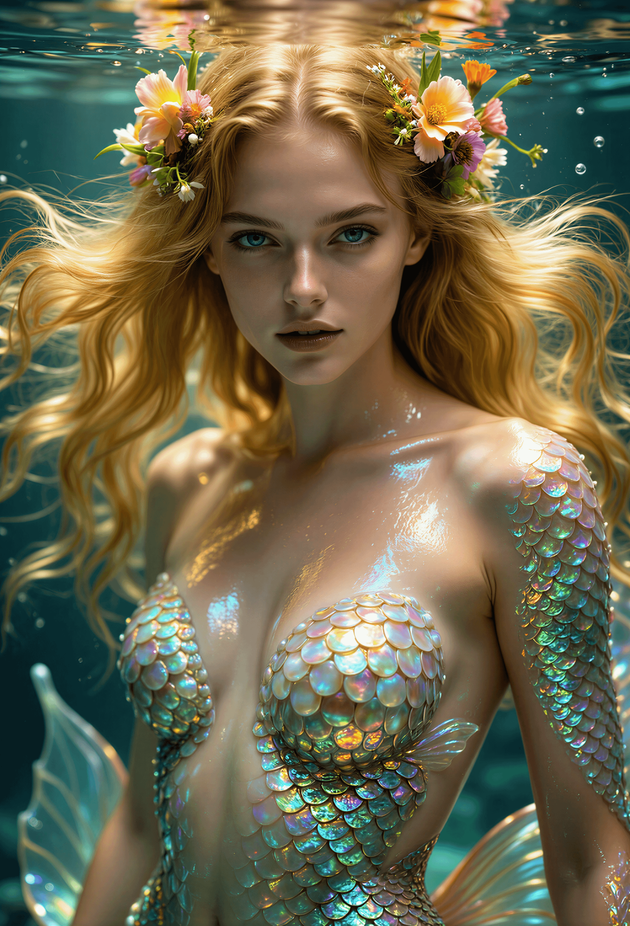 Mermaid Underwater Portrait Luminescent Flowers Obsidian Bikini