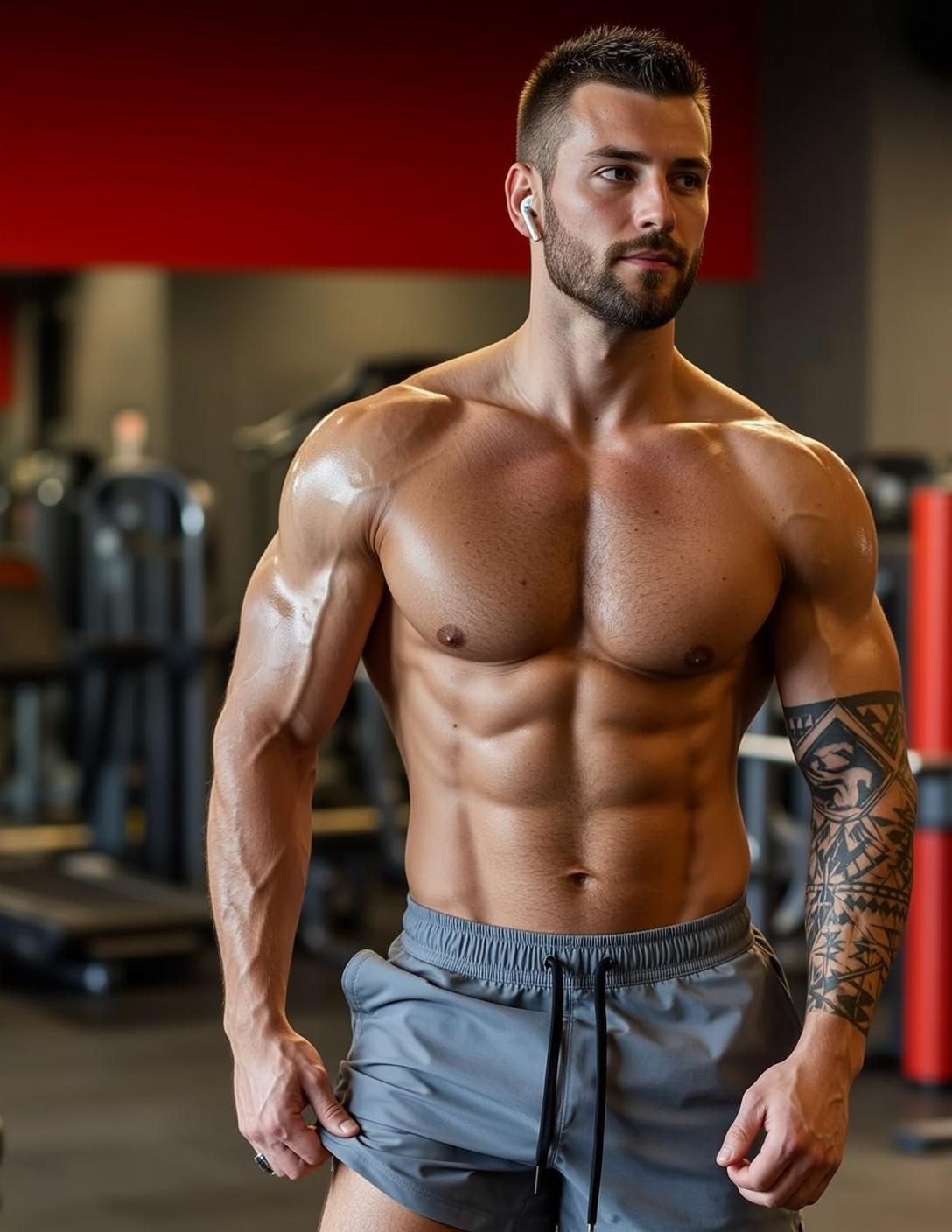 Muscular Short Brown Hair Tan Skin Grey reference photo