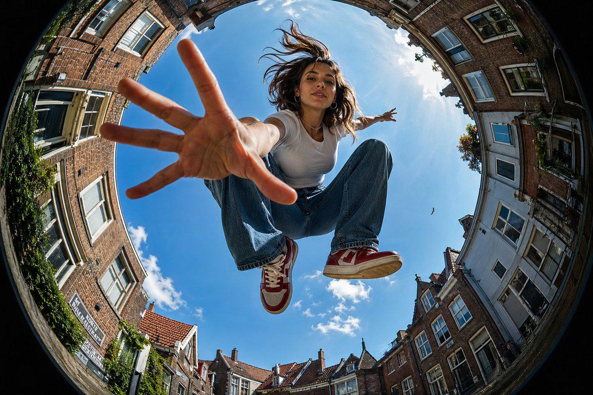 Mid Air Blue Sky Brick Buildings Fisheye