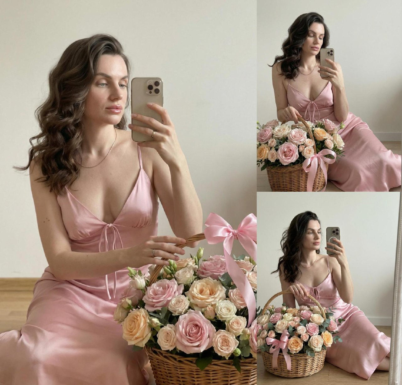 A woman in a soft pink dress taking a mirror selfie, seated beside a pastel-colored flower basket.
