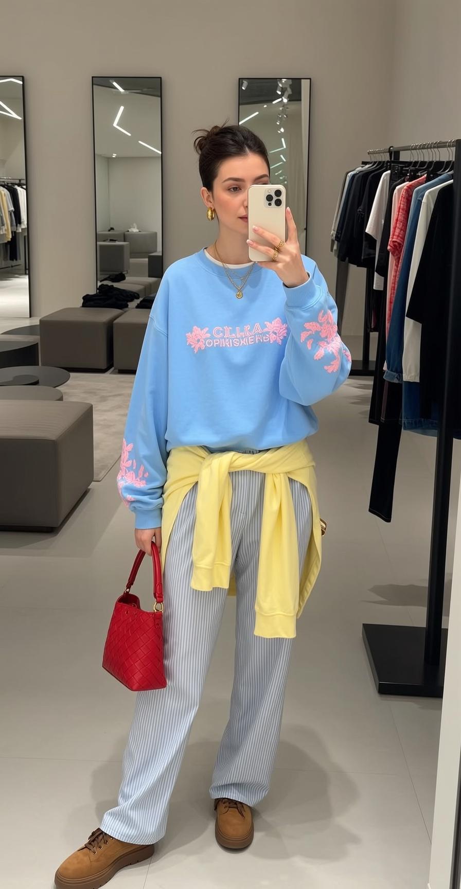 White Sweatshirt Bun Hair Mirror Selfie reference photo