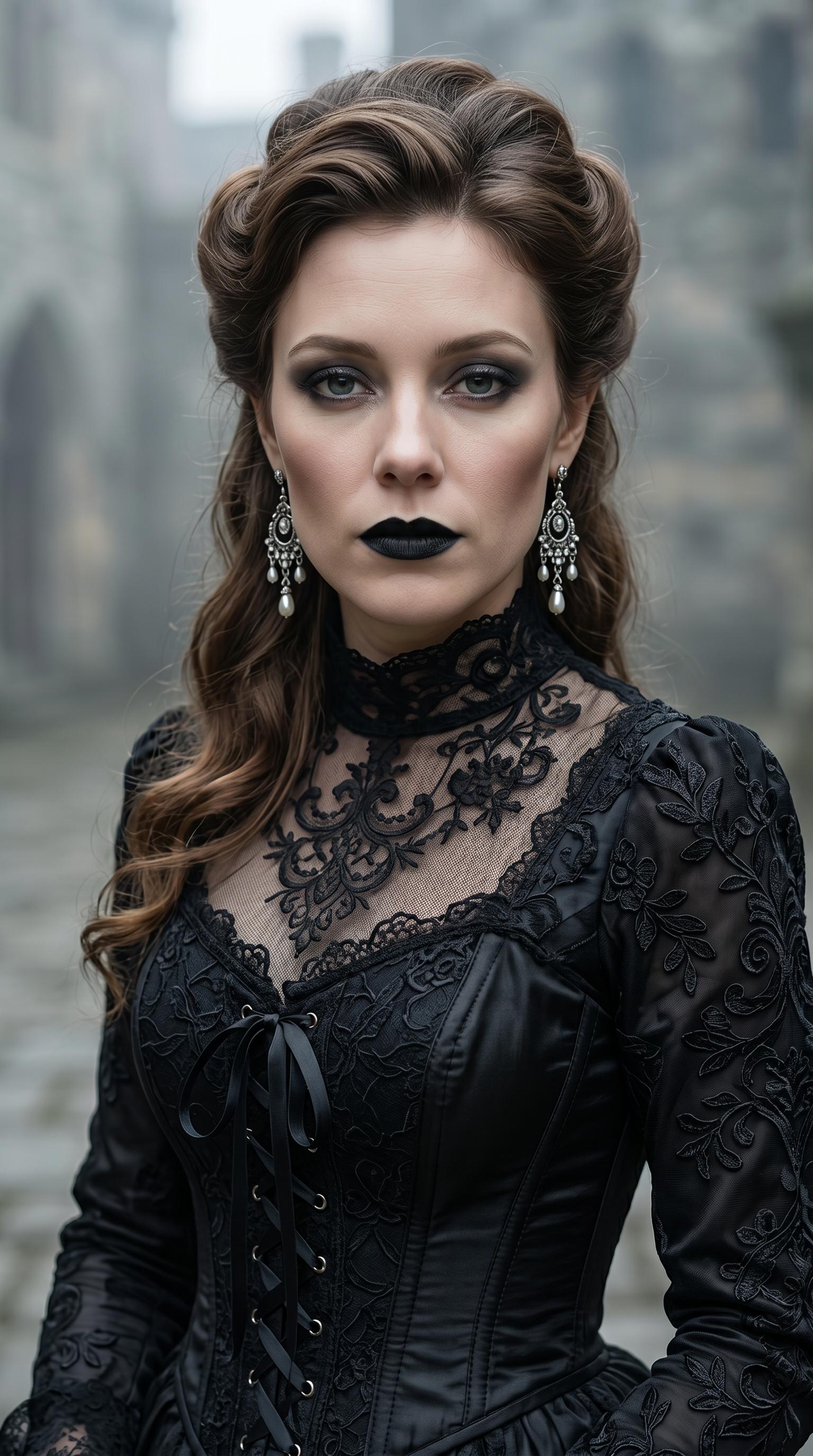 A cinematic portrait of a woman in a black lace gown, exuding regal elegance in a misty outdoor setting.