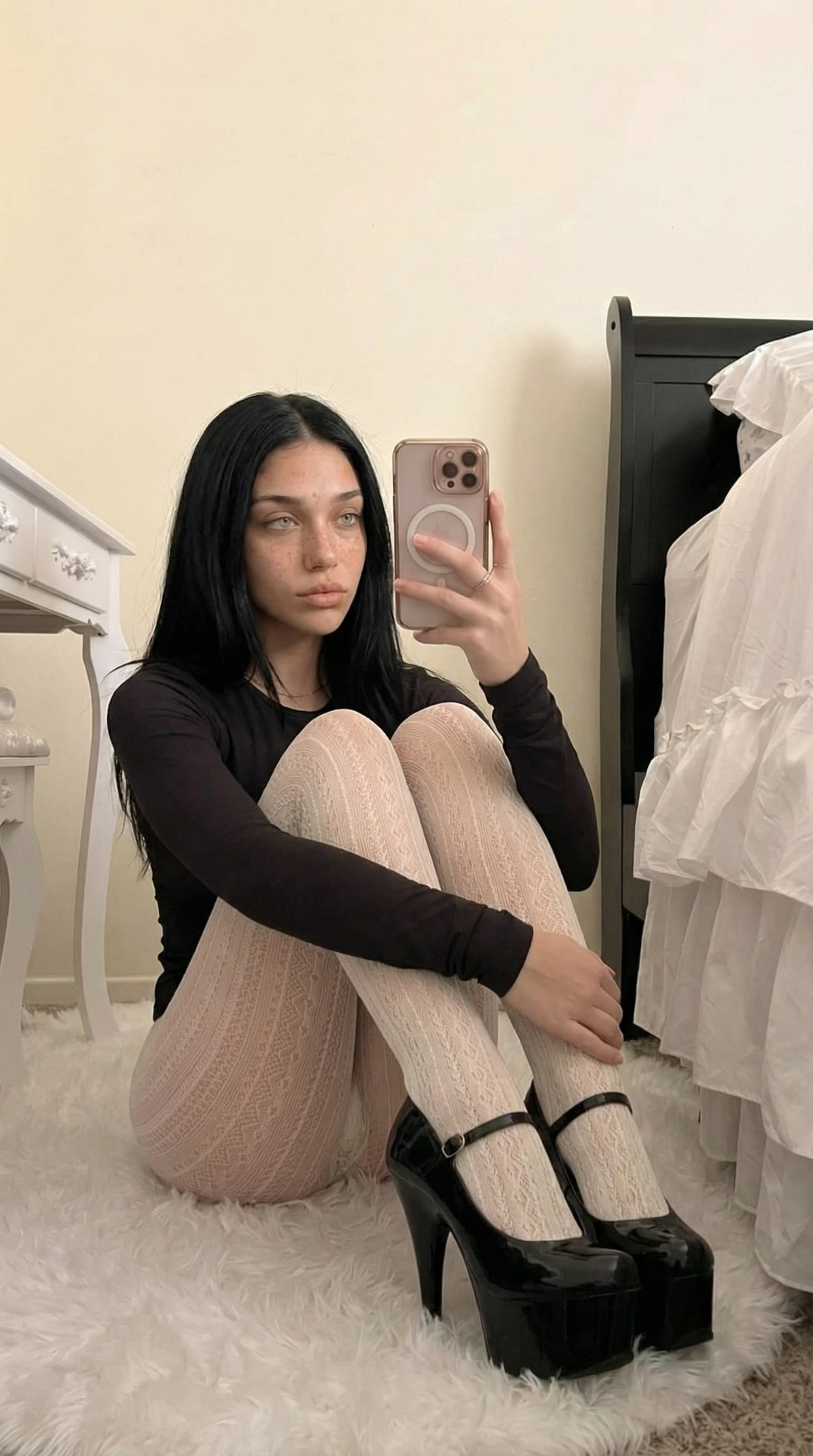 Bedroom Selfie Black Lace Tights Platform Heels