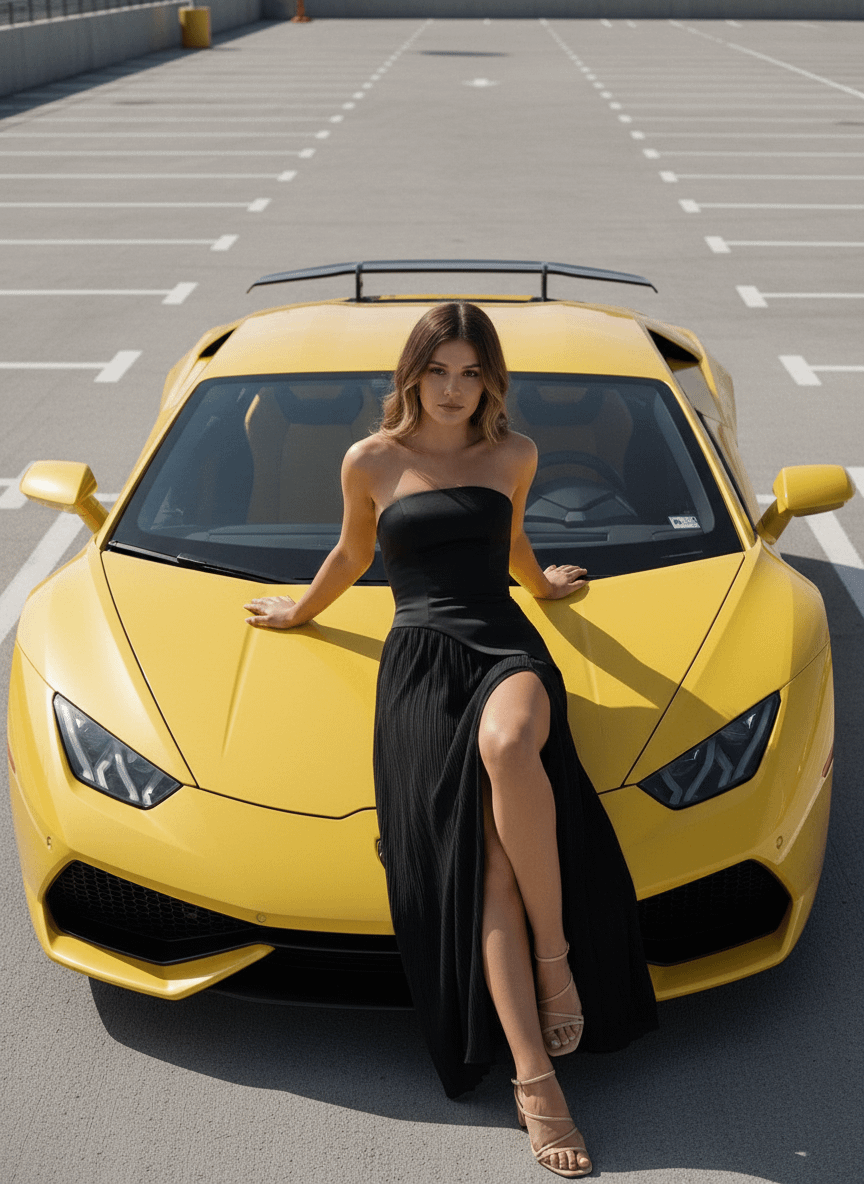 Yellow Lamborghini Woman Black Gown Parking Lot