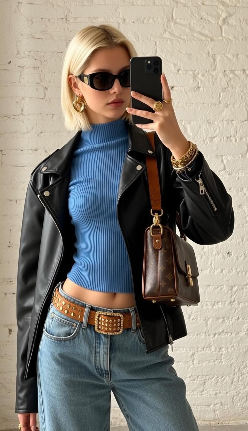 Black Crop Top Bob Hair Mirror Selfie reference photo