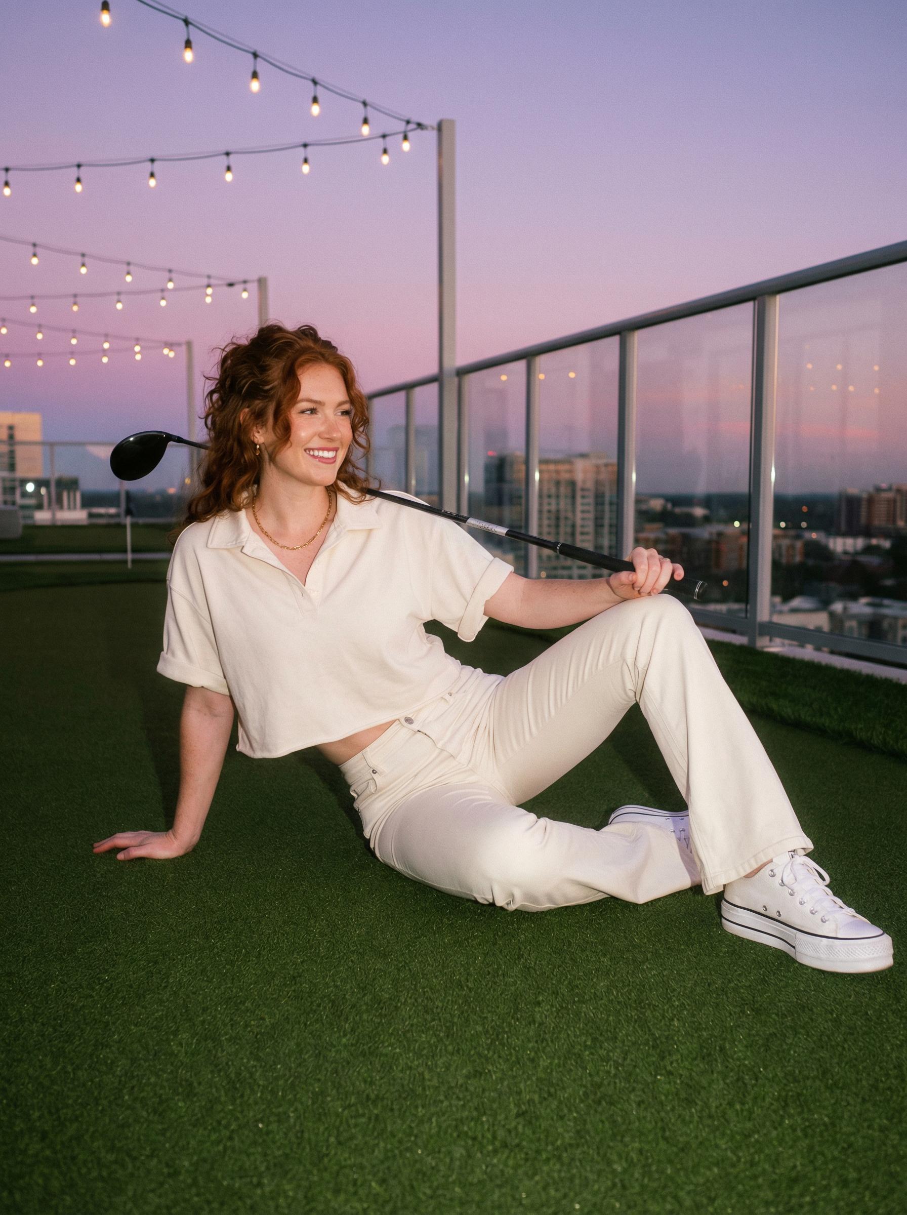 Woman Rooftop Golf Twilight Natural Photo