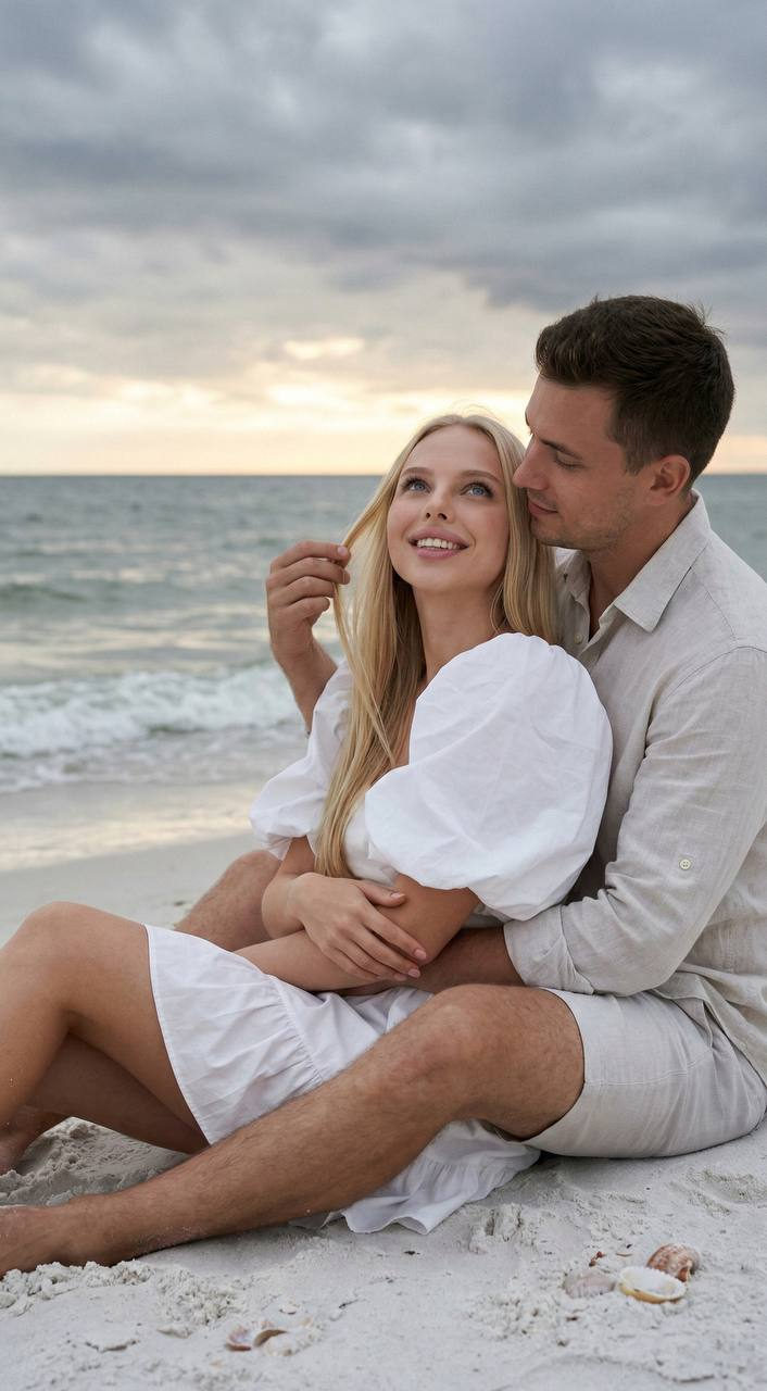 Realistic Beach Portrait Sunset Cloudy Day