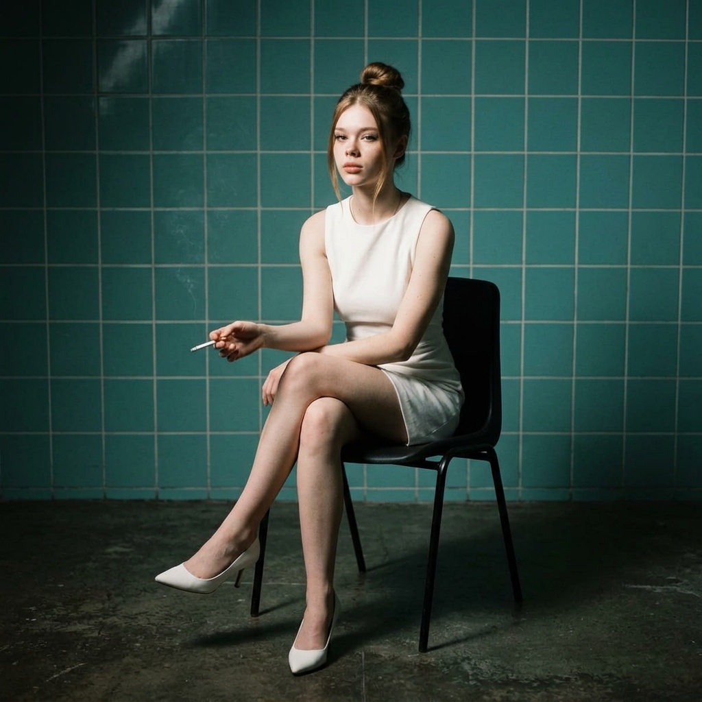 Mila seated in a black chair, crossed legs, smokey backdrop of teal tiles.