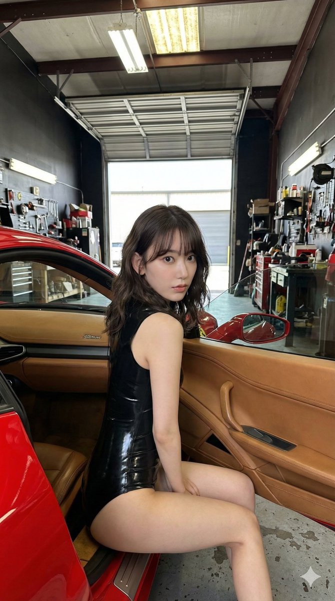 Sakura Miyawaki Red Sports Car Garage Candid Shot