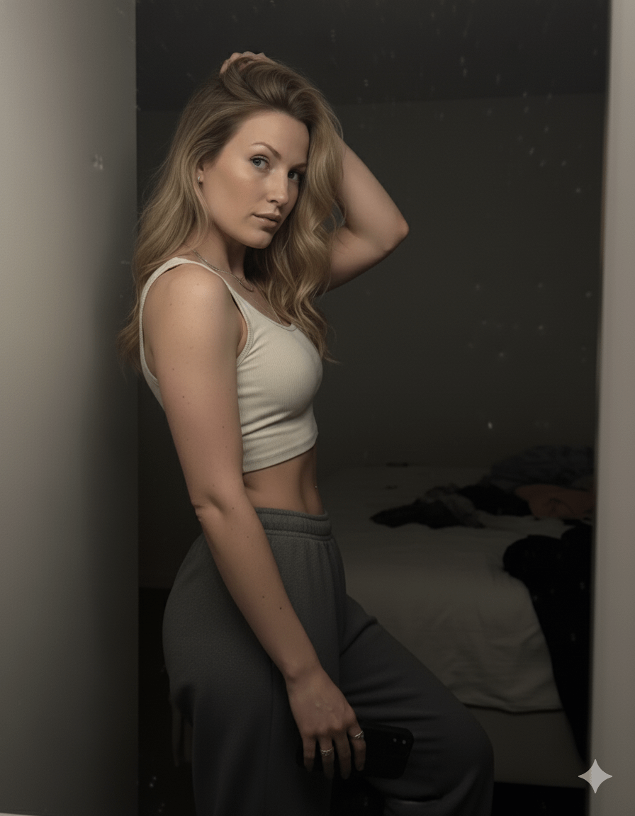 Dim Lit Mirror Selfie Arched Back Crop Top Sweatpants